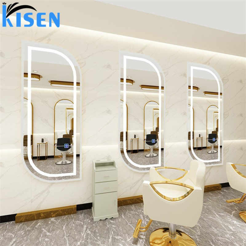 KISEN Classic High Gloss Salon Mirror Wall Mount LED Light Hair Spa Mirror in Gold Silver Black