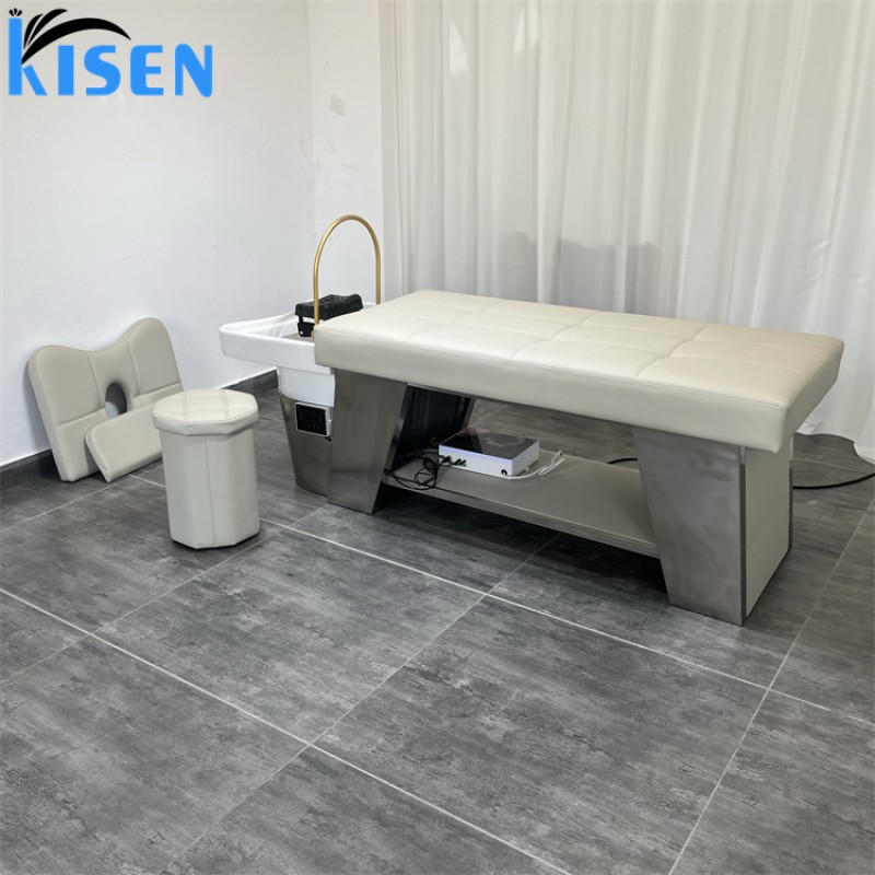Kisen Modern Thai Style Spa Head Water Therapy Beauty Hair Salon Wooden Shampoo Bed Storage Cabinet Shampoo Chair Grey