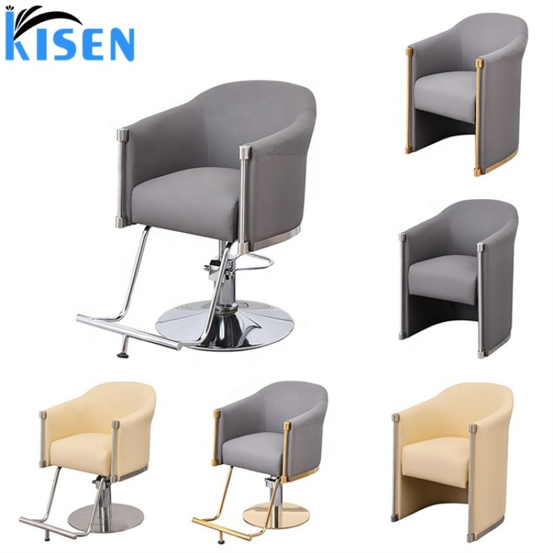 Kisen Hot Sale Salon Furniture Barbershop Hydraulic Grey Beige Black Barber Styling Armrest Chair with Stainless Steel Base