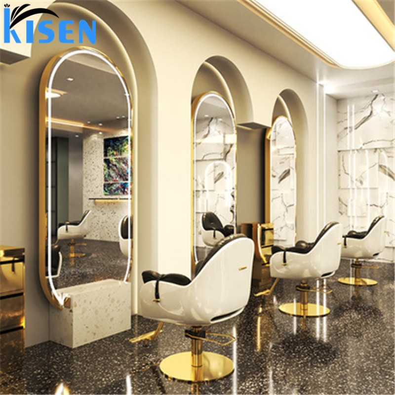 Kisen Professional Beauty Gold Salon Furniture Stainless Steel Hair Salon Mirror Double Sides LED Light Salon Mirror for Sale
