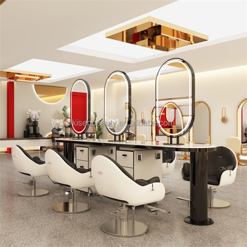 Kisen Salon Hair Spa Station Mirror Double Single Seater Gold Silver Black Edges Barber Shop Furniture with Led Light