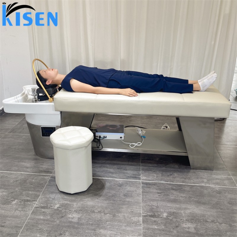 Kisen Modern Thai Style Spa Head Water Therapy Beauty Hair Salon Wooden Shampoo Bed Storage Cabinet Shampoo Chair Grey