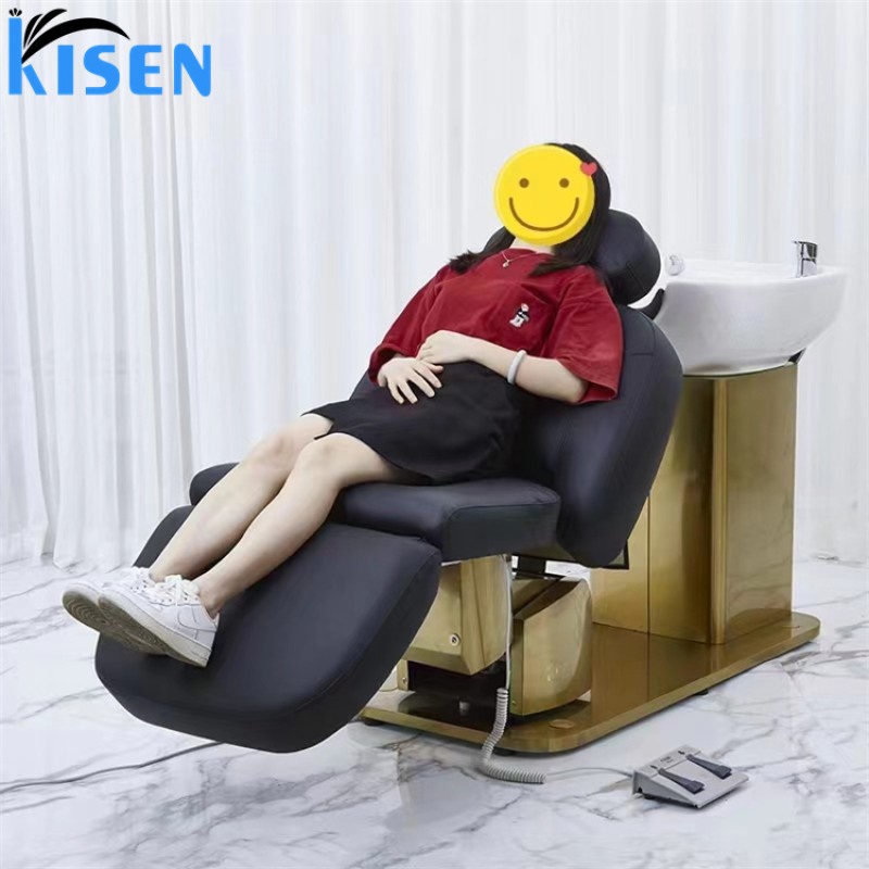 Kisen Cheap Price Shampoo Chair Electric Head Massage Back Wash Hair White Black Shampoo Chair for Salon Equipment