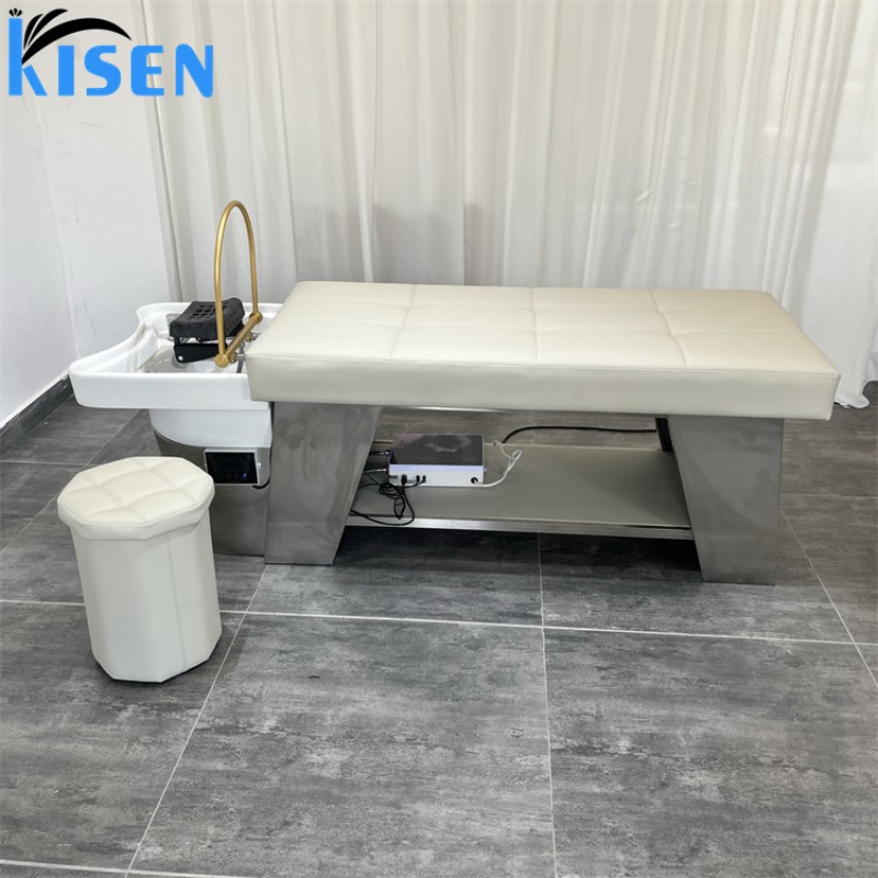 Kisen Modern Thai Style Spa Head Water Therapy Beauty Hair Salon Wooden Shampoo Bed Storage Cabinet Shampoo Chair Grey