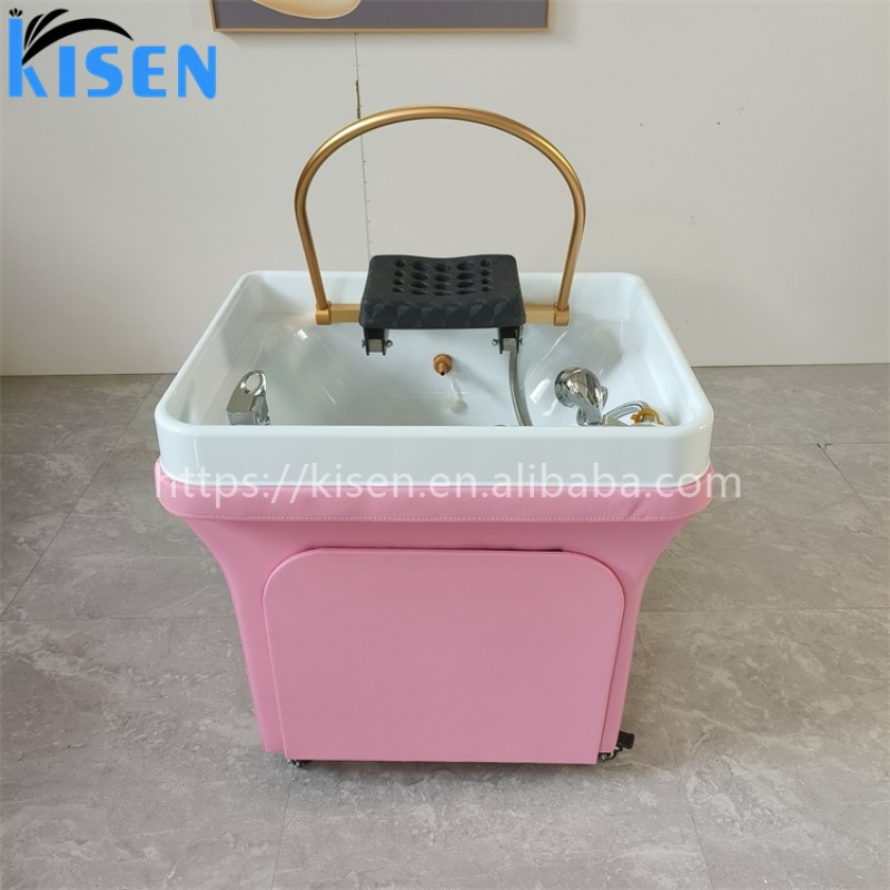 Kisen Hot Sale Modern Cheap Pink PU Leather Salon Portable Shampoo Chair With Head Therapy and Steaming