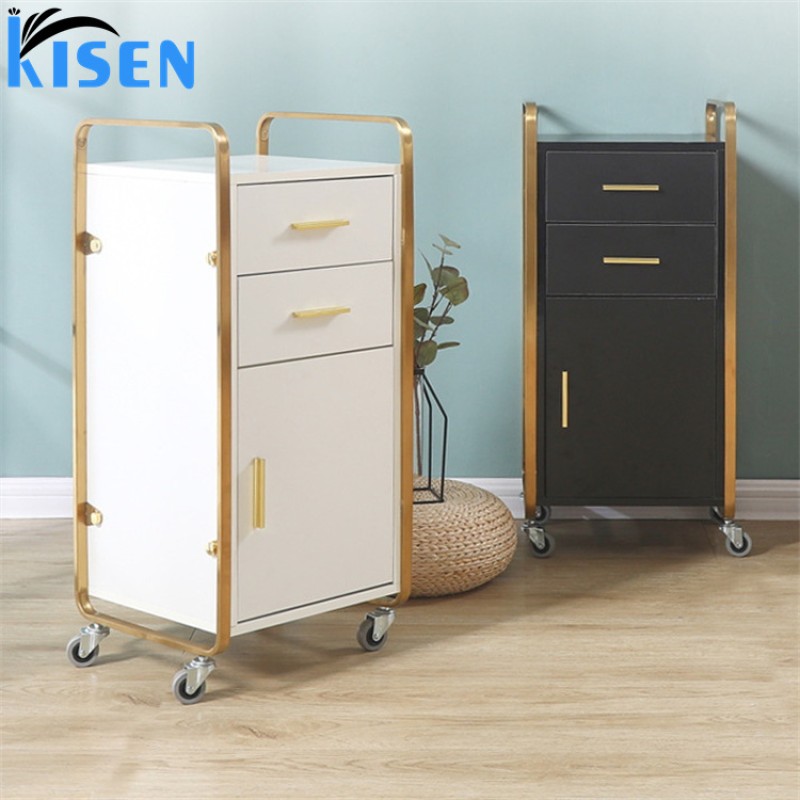Kisen Cheaper Beauty Spa Nail Salon Furniture Equipment Plywood MDF White with Gold Metal Trolley Cart with Drawer for Sale