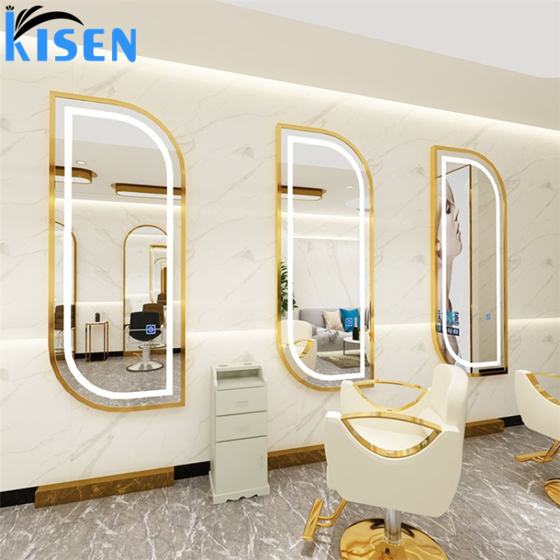 KISEN Classic High Gloss Salon Mirror Wall Mount LED Light Hair Spa Mirror in Gold Silver Black