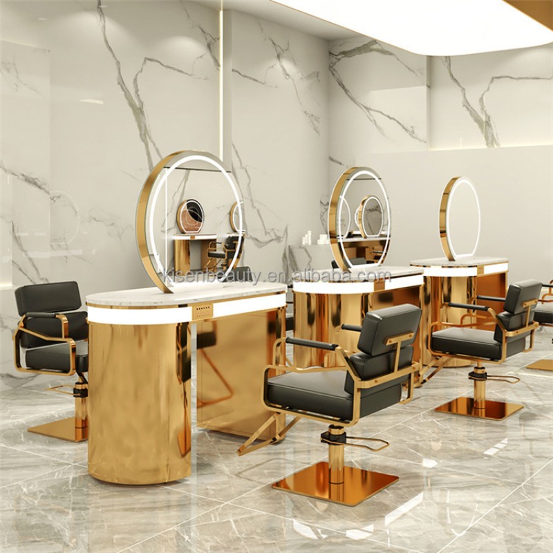 Kisen Salon Hair Spa Station Mirror Double Single Seater Gold Silver Black Edges Barber Shop Furniture with Led Light