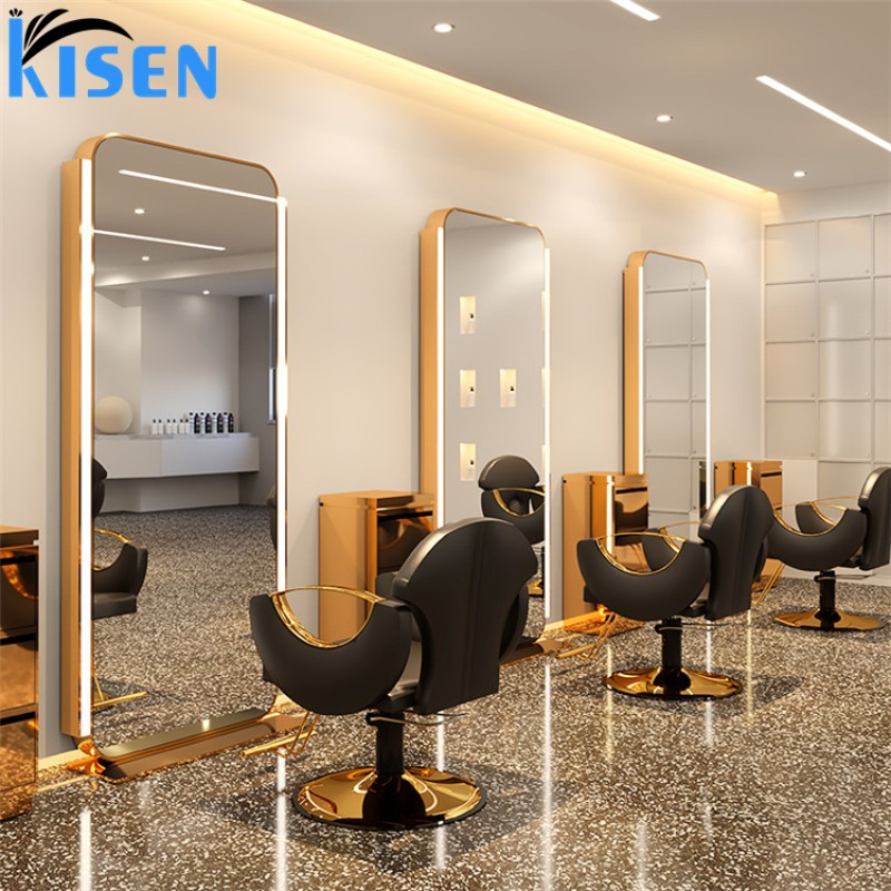 Kisen Professional Beauty Gold Salon Furniture Stainless Steel Hair Salon Mirror Double Sides LED Light Salon Mirror for Sale