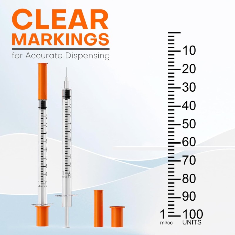 Medical Grade Insulin Syringe 1ml  30G 31G Sterile Disposable for Painless Injection & Orange Tip Recognition