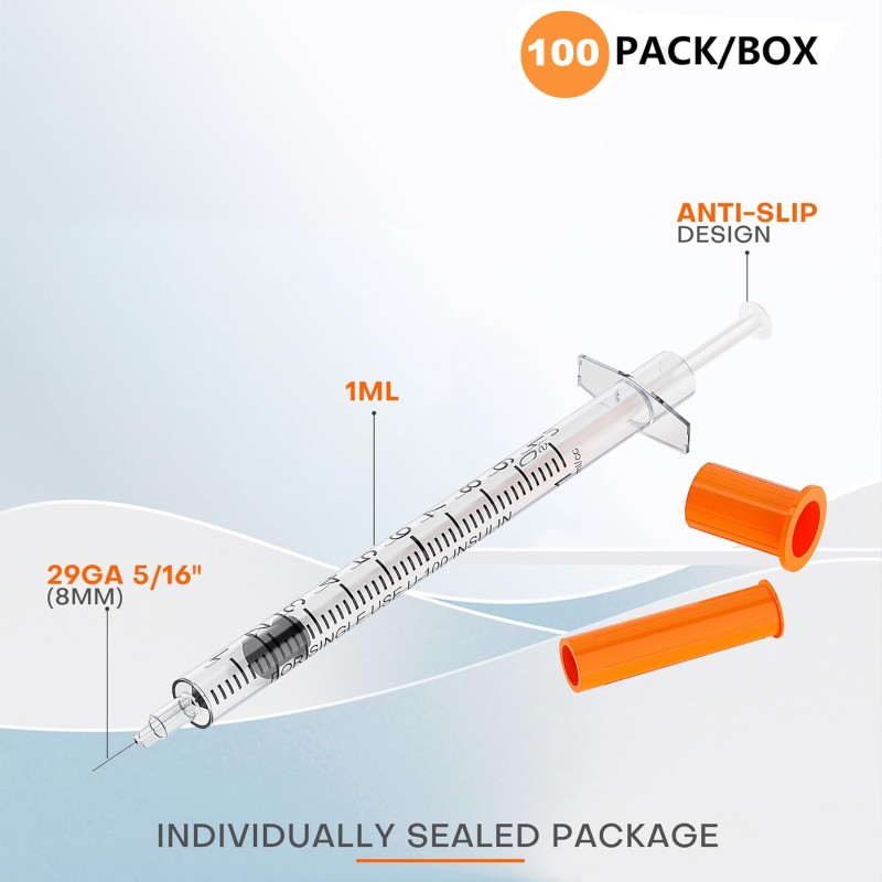30G 31G Ultra-Thin Plastic Insulin Syringe 1ml 13mm Disposable Needle Latex-Free Single-Use Orange Safety Top for Painless Injection