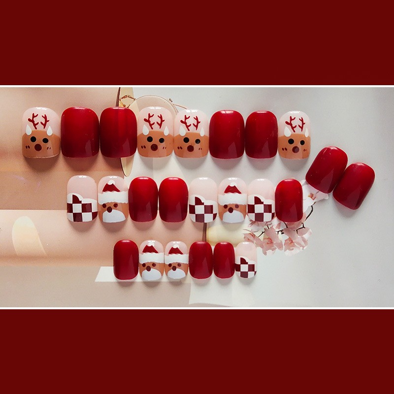 Christmas Stick on Nail Art Manicure Decoration 24pcs with Tools Short Fake Nail Press on Nail