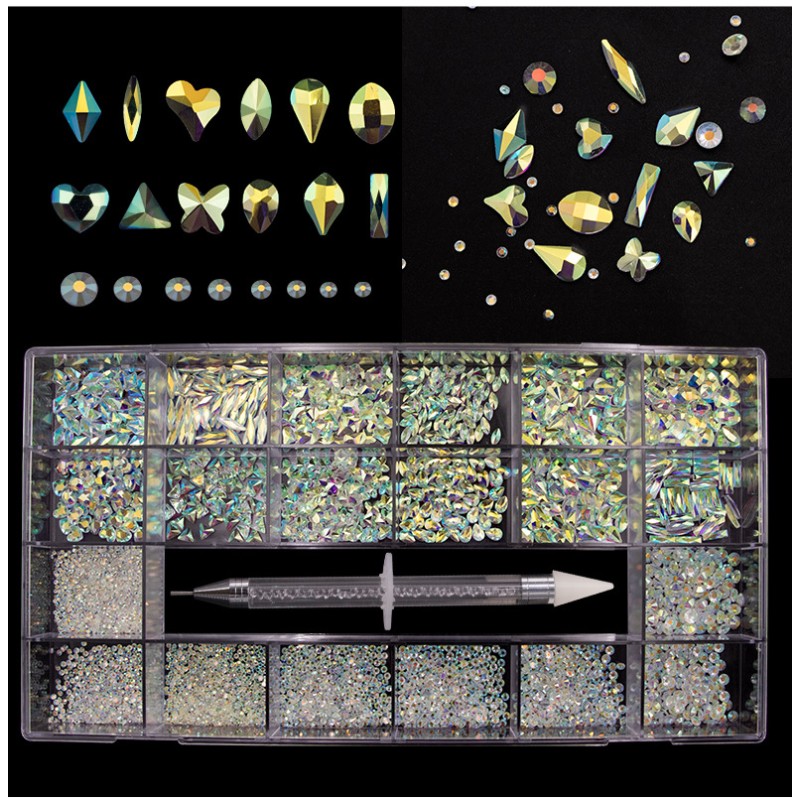 Shinny 3d Flat Diamond Glitter AB Crystal Rhinestones for Nail Gems DIY Diamonds Stone Shaped in Box Nail Art Rhinestone Set