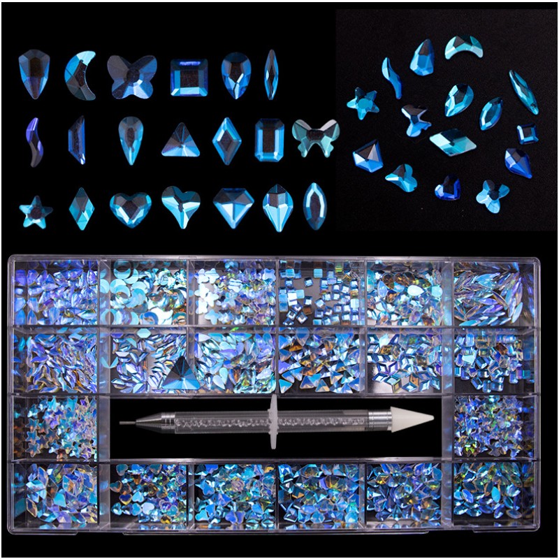 Shinny 3d Flat Diamond Glitter AB Crystal Rhinestones for Nail Gems DIY Diamonds Stone Shaped in Box Nail Art Rhinestone Set