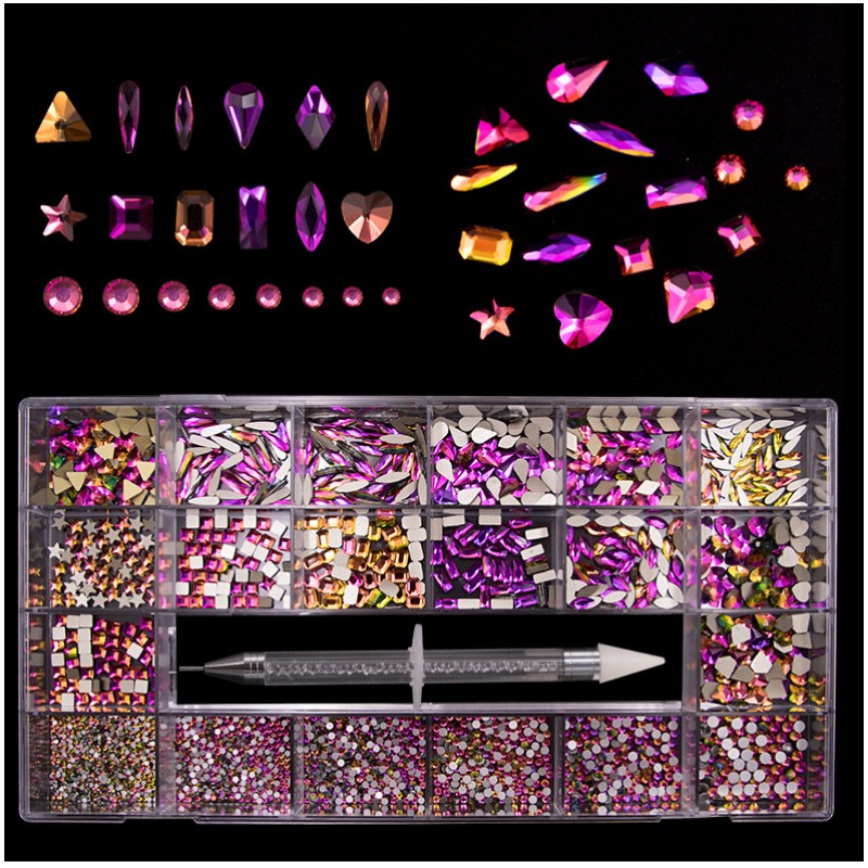 Shinny 3d Flat Diamond Glitter AB Crystal Rhinestones for Nail Gems DIY Diamonds Stone Shaped in Box Nail Art Rhinestone Set