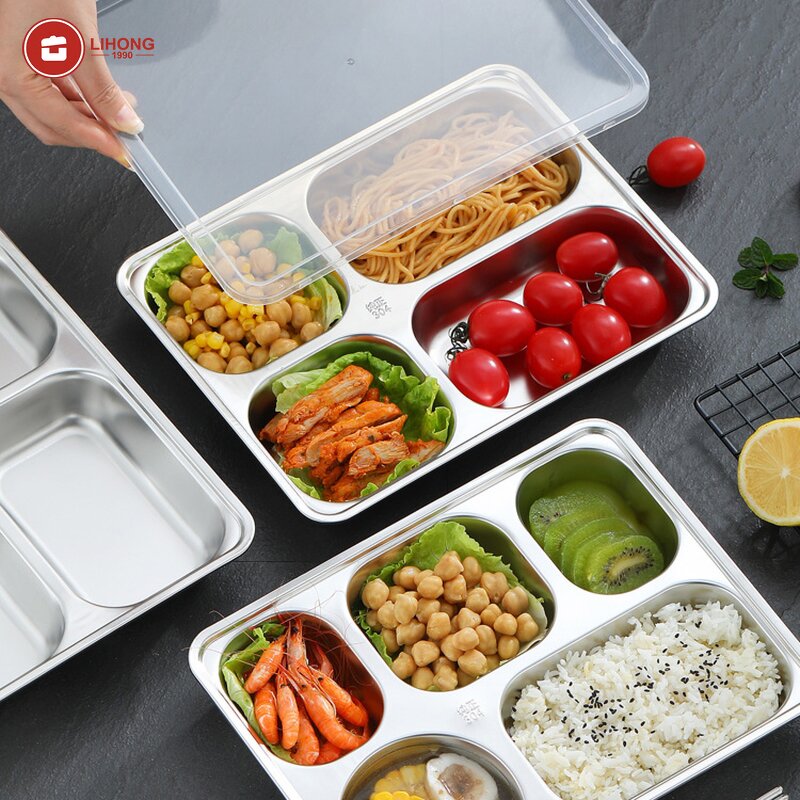 Dining Tray Manufacturer - 5 Divided Stainless Steel Food Plate with Lid
