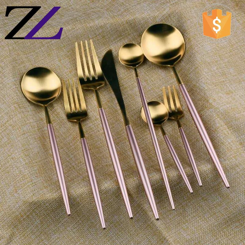 Cutlery Set Supplier - Colorful Matte Gold Plated Pink Handle Set