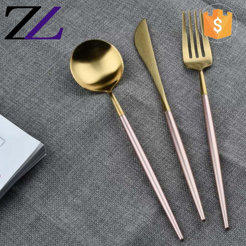 Cutlery Set Supplier - Colorful Matte Gold Plated Pink Handle Set