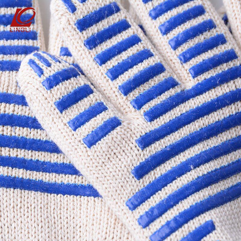 BBQ Gloves Manufacturer - Blue Non-slip Silicone Coated High Temperature