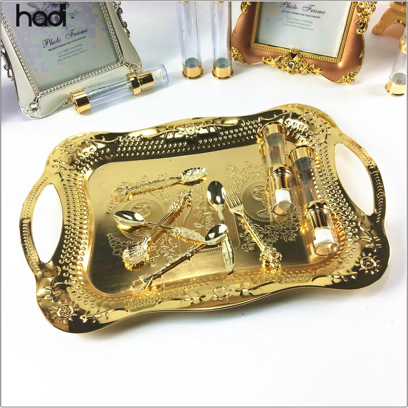 Serving Tray Manufacturer - Luxury Stainless Arab Gold Tray with Handle