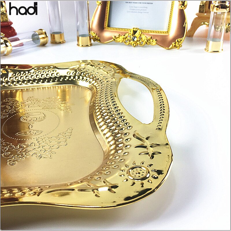 Serving Tray Manufacturer - Luxury Stainless Arab Gold Tray with Handle