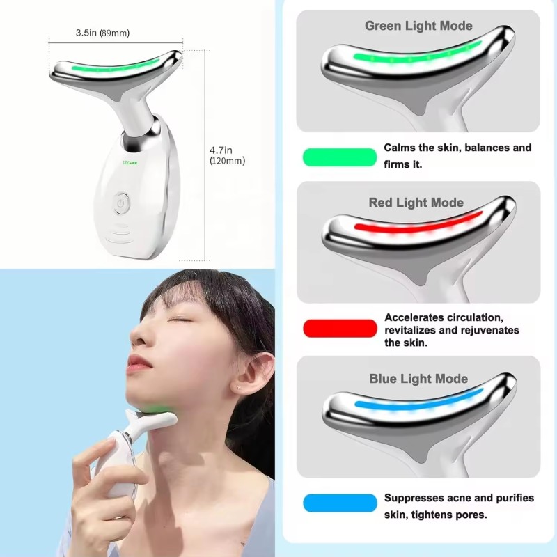 Neck Facial Beauty Device Colorful LED Photon Therapy Skin Tighten Reduce Double Chin Anti Wrinkle Remove Lifting Massager