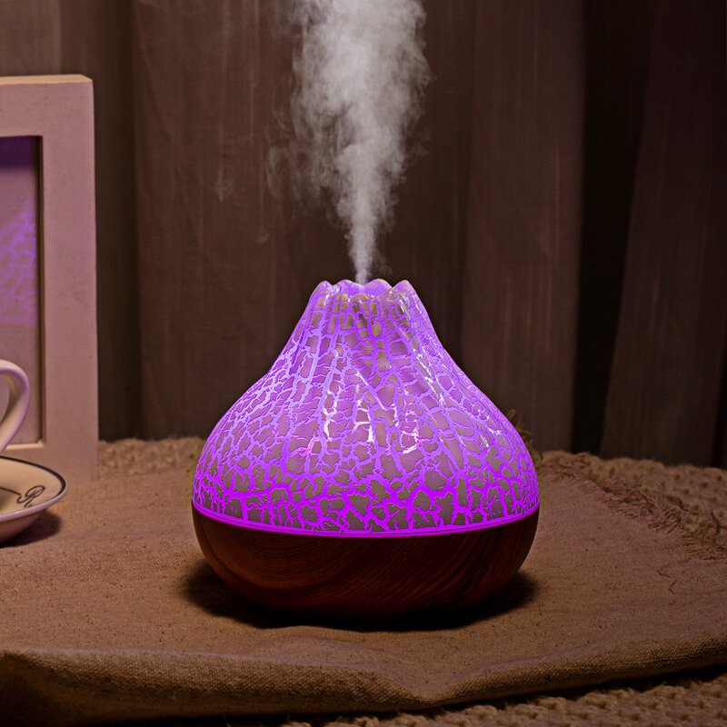Flame Aroma Humidifier Factory - Wood Grain Volcanic 300ml 7 Color Night Light