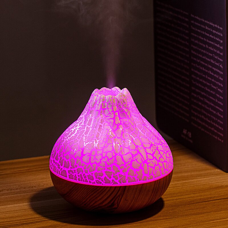 Flame Aroma Humidifier Factory - Wood Grain Volcanic 300ml 7 Color Night Light