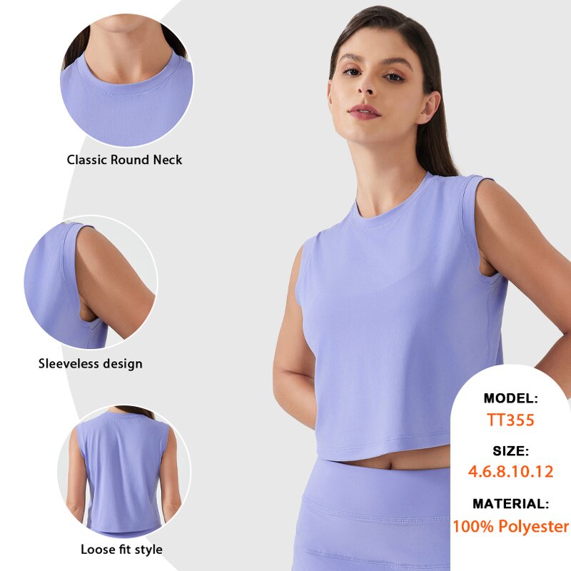 Gym Wear Top Supplier - 100% Polyester Round Neck Loose Crop Top Sleeveless