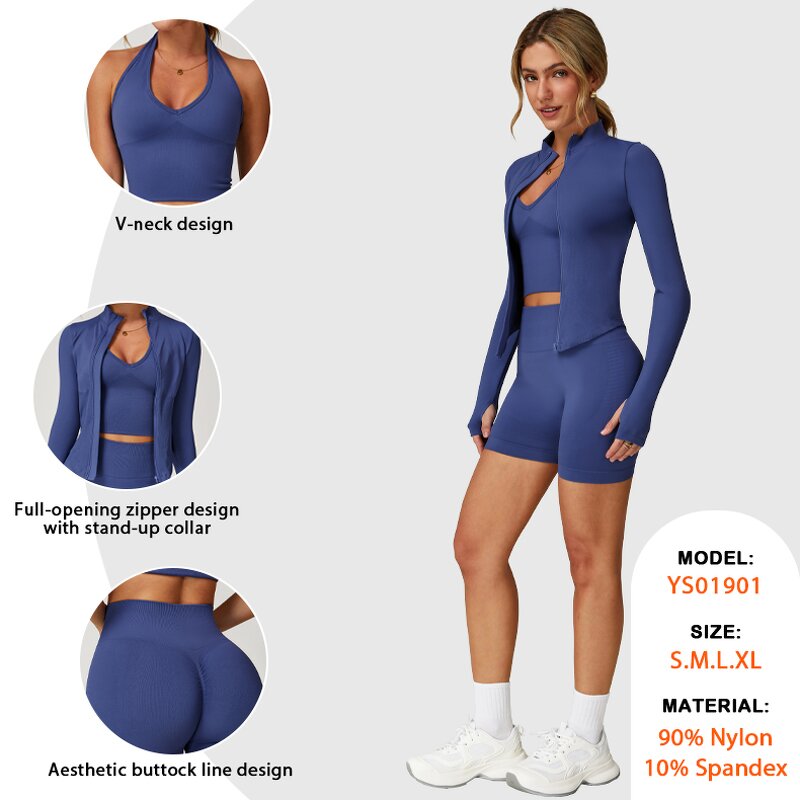 Seamless Gym Set Manufacturer - Halter Tank Top Full Zip Jacket No T Line Leggings