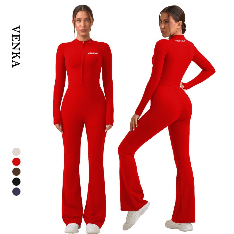Flare Leg Bodysuit Factory - Half Zipper Slim Fit High Waist Gym Rompers