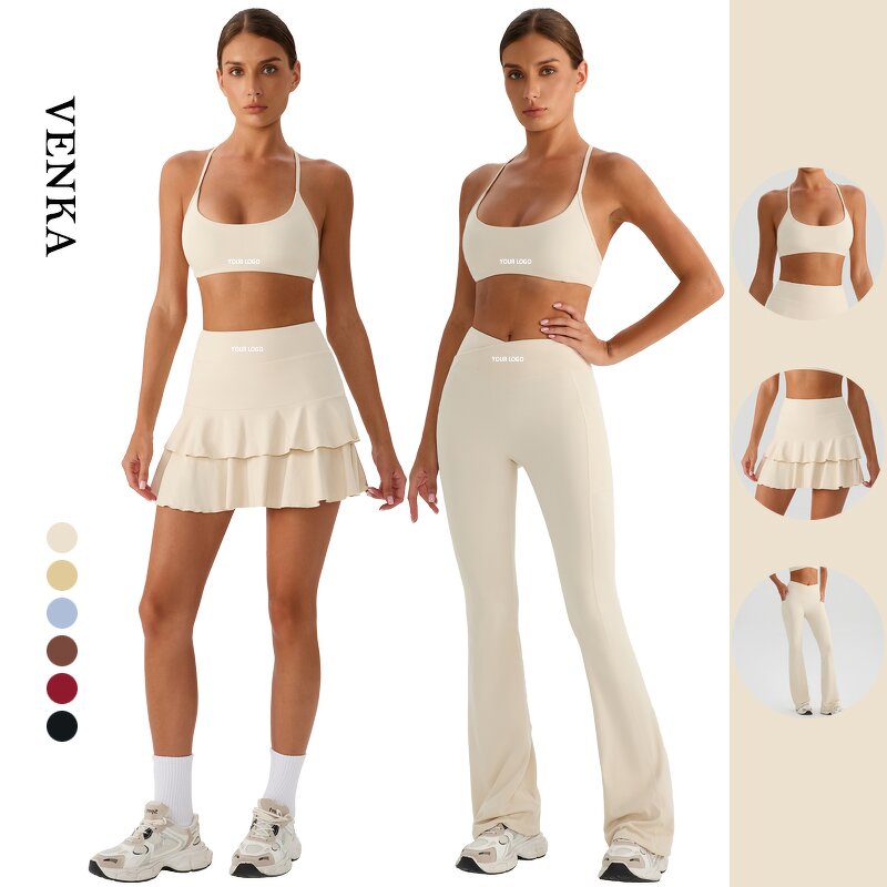 Female Gym Suit Supplier - V Neck Bra V Cross Hip Lift Flared Skirts