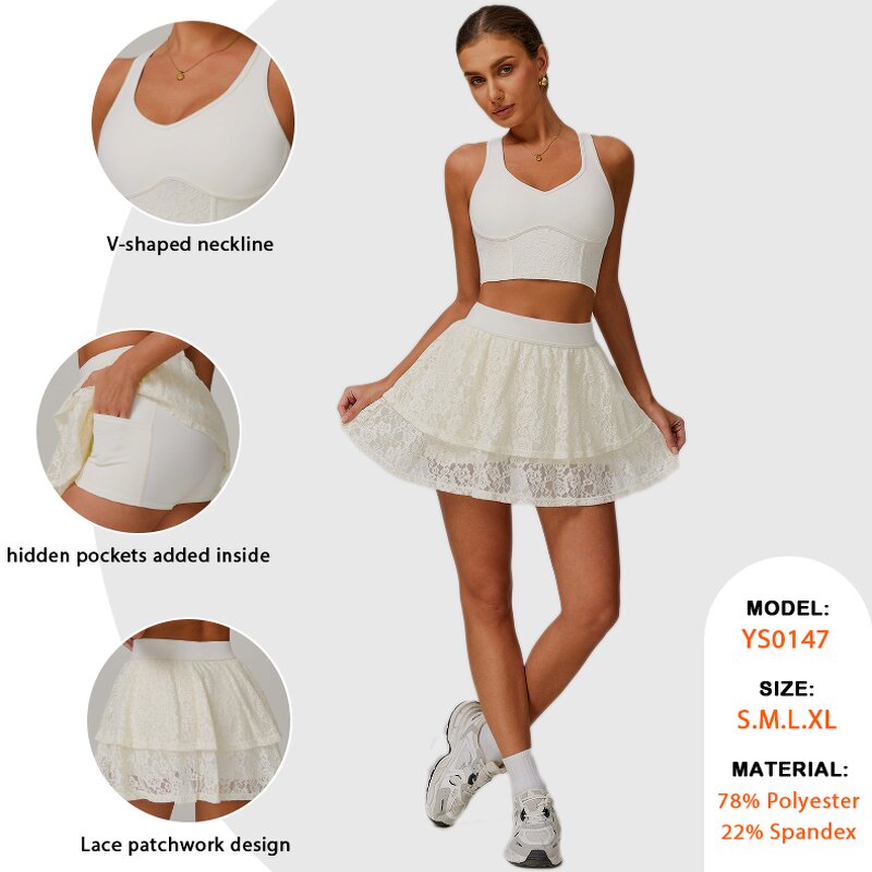 Women's Workout Set Supplier - U Neck Tank Top 2 in 1 Lace Skirts Bra