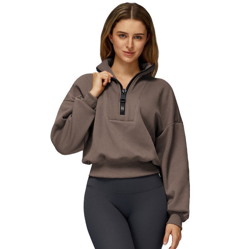 Half Zip Sweatshirt Manufacturer - Stand Collar Drawstring Adjust Hem Cotton Polyester