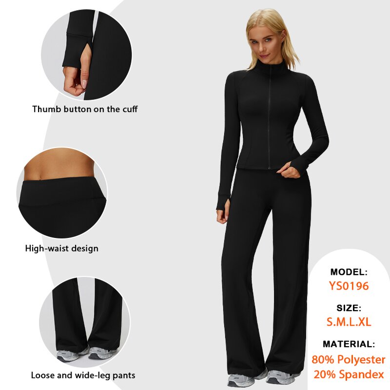 Autumn Winter Gym Set Supplier - Windproof Zip Jacket Skinny Wide-leg Pants