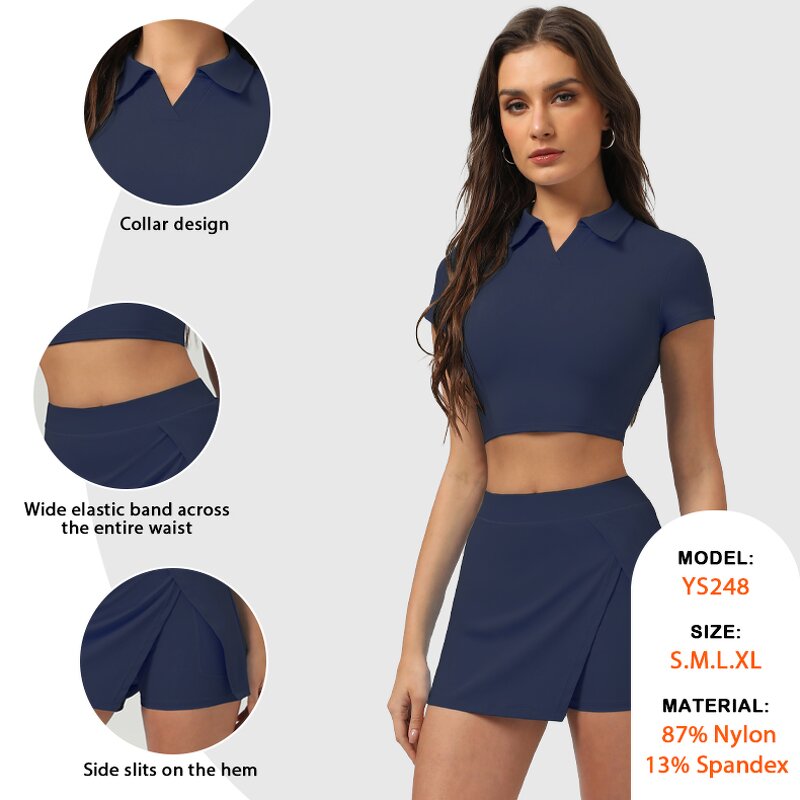 Sports Fitness Set Manufacturer - POLO Collar Crop Shirt 2 in 1 Shorts