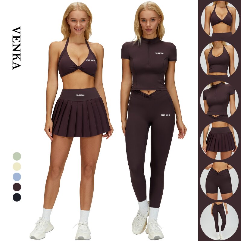 Fitness Suit Factory - V Neck Bra Half Zip Short Sleeves Tennis Skirt