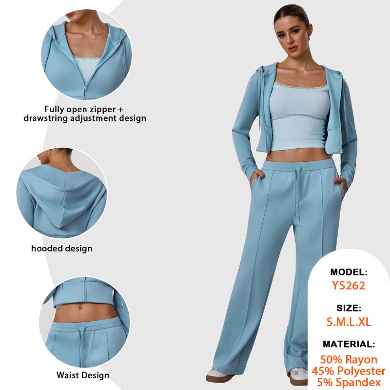 Women's Clothing Set Supplier - Zipper Jacket Hooded Crop Top Sweatpants