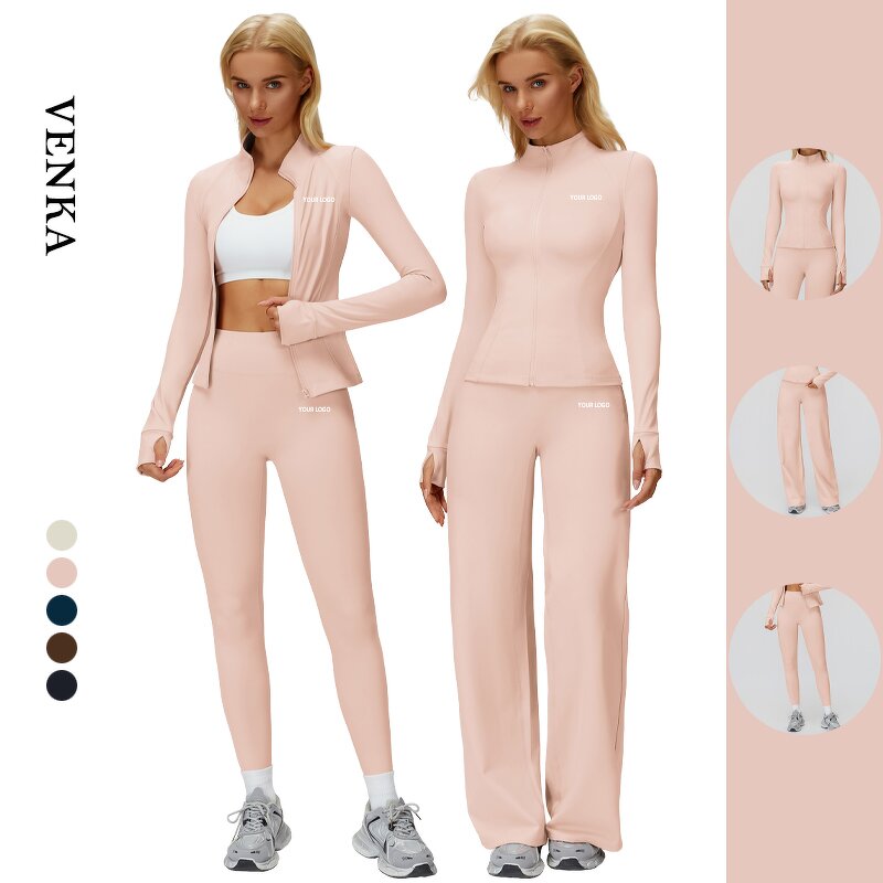 Autumn Winter Gym Set Supplier - Windproof Zip Jacket Skinny Wide-leg Pants