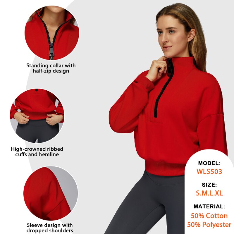 Half Zip Sweatshirt Manufacturer - Stand Collar Drawstring Adjust Hem Cotton Polyester
