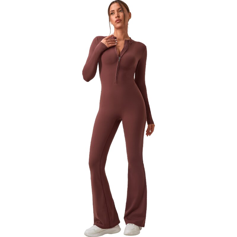 Flare Leg Bodysuit Factory - Half Zipper Slim Fit High Waist Gym Rompers