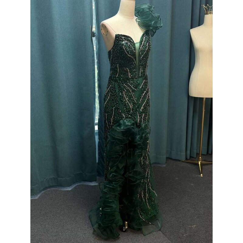 Evening Dress Manufacturer - OEM/ODM Green Bling One-Shoulder Floor-Length Gown