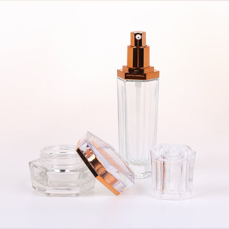 Cosmetic Glass Bottle Set Manufacturer - Custom Hexagon Aluminum Pump