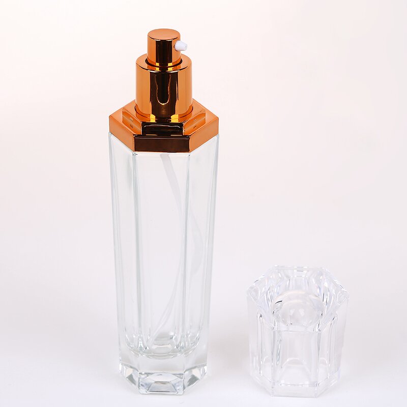 Cosmetic Glass Bottle Set Manufacturer - Custom Hexagon Aluminum Pump