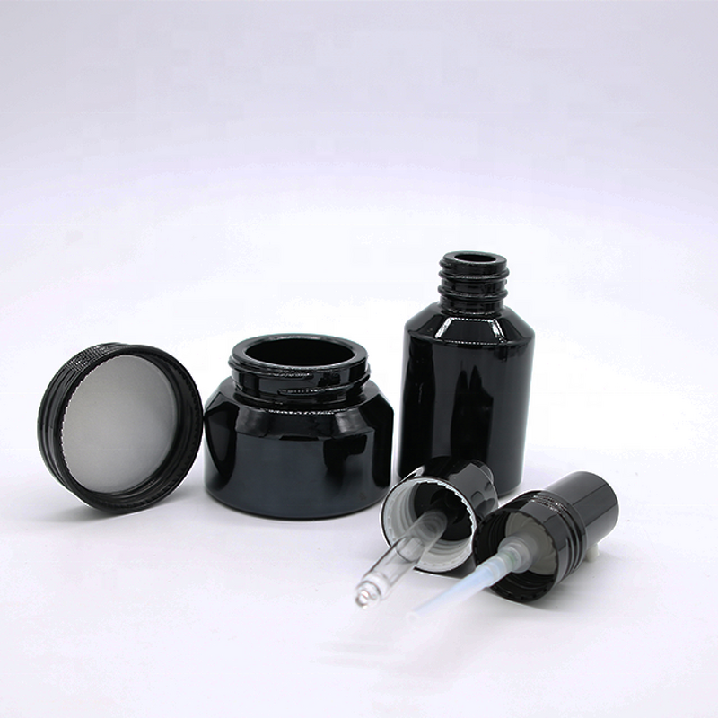Glass Bottle Set Supplier - 15-125ml Slanted Shoulder Black Lotion
