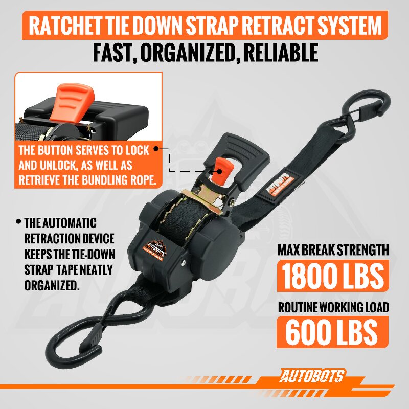 Ratchet Tie Down Strap Kit Supplier - 1"x10Ft 1800Lbs Retractable 4Pcs