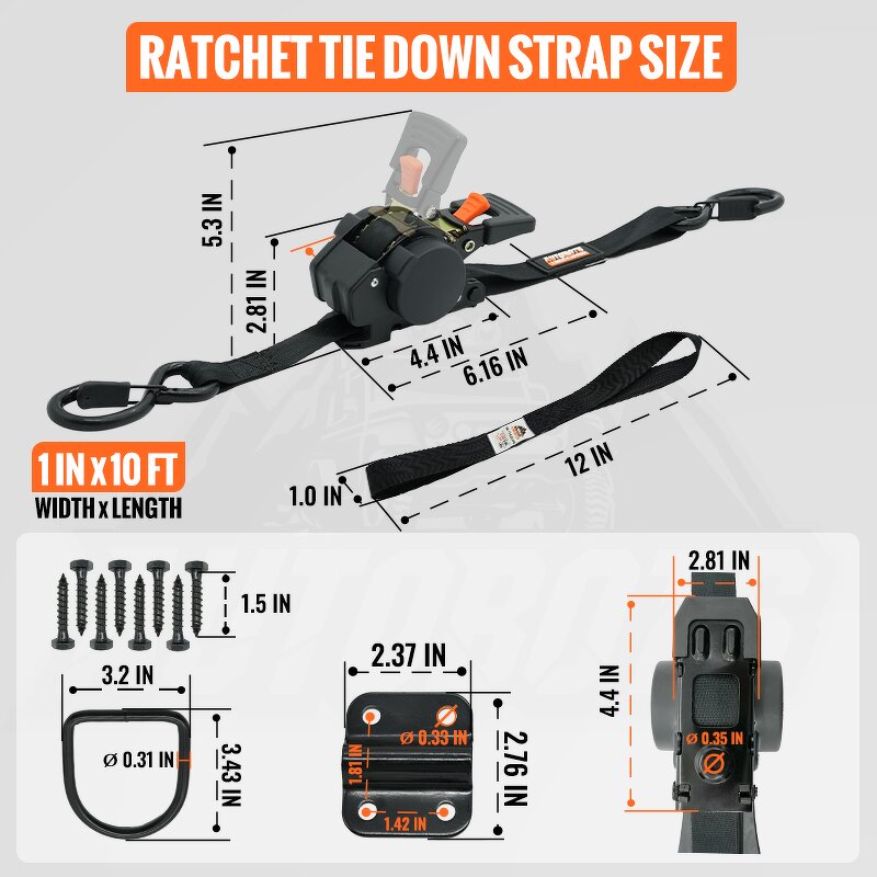 Ratchet Tie Down Strap Kit Supplier - 1"x10Ft 1800Lbs Retractable 4Pcs