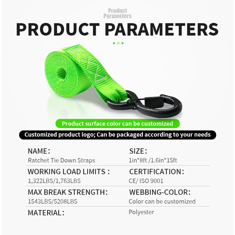 Tie Down Straps Supplier - 1in x 8ft Green Polyester Motorcycle Retractable