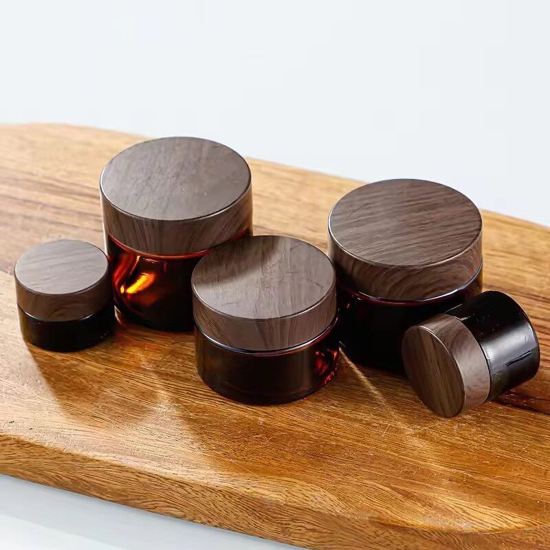 Glass Cosmetic Cream Jars Supplier - Wholesale Amber with Wood Grain Lid