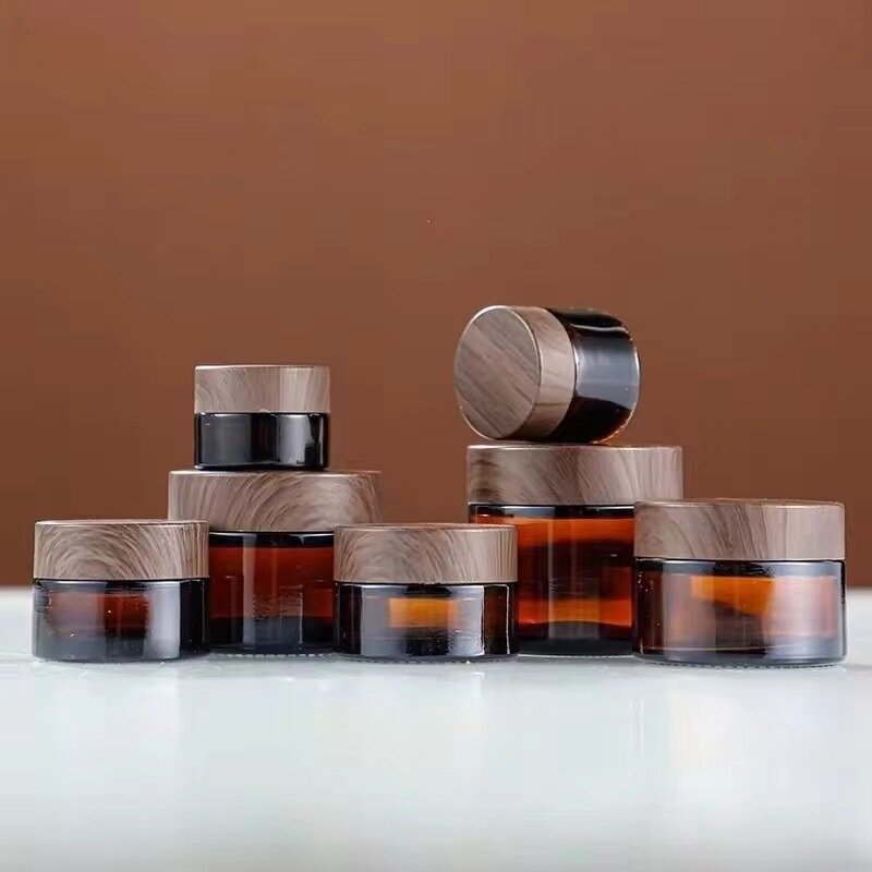 Glass Cosmetic Cream Jars Supplier - Wholesale Amber with Wood Grain Lid